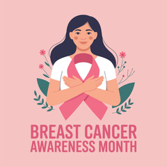 Breast Cancer Awareness Month Illustration with Woman Holding Pink Ribbon
