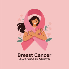 Breast Cancer Awareness Month Illustration with Woman and Pink Ribbon