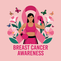 Breast Cancer Awareness Illustration with Strong Woman and Pink Ribbon