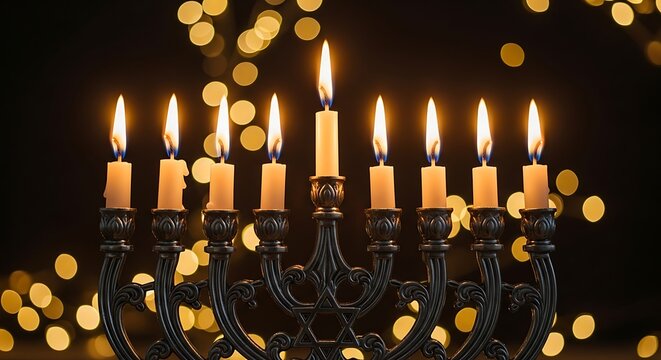Photo of a lit hanukkah menorah with nine candles glowing against a dark background with bokeh lights, symbolizing the jewish festival of lights and its traditions - Powered by Adobe