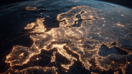 Aerial view of Europe, showcasing city lights at night. It captures the region's intricate network of urban centers and the overall geographical view of Europe from above.