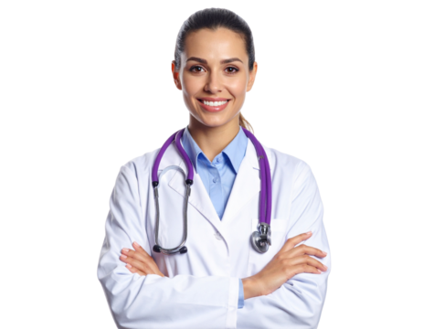 Confident Female Doctor with Purple Stethoscope – Professional Medical Portrait