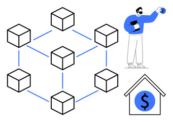 Obraz premium Interconnected blocks represent blockchain technology, a man holding a cryptocurrency coin symbolizes digital currency, and a house with a dollar sign conveys financial investments. Ideal