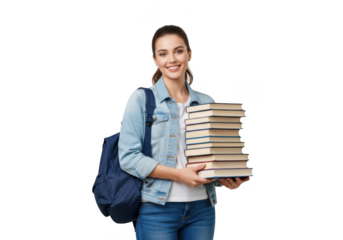Young woman student carrying stack of books and backpack smiling happily isolated on transparent background