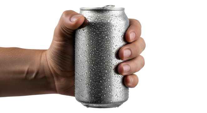 Hand holding a cold aluminum soda can with condensation