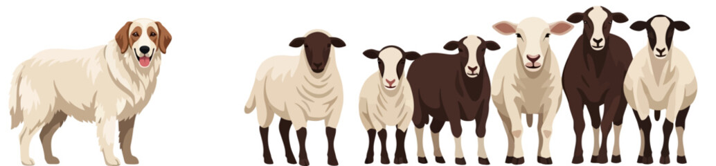 Dog and Sheep A Livestock Guardian Dog with a Flock of Sheep Isolated on White Background