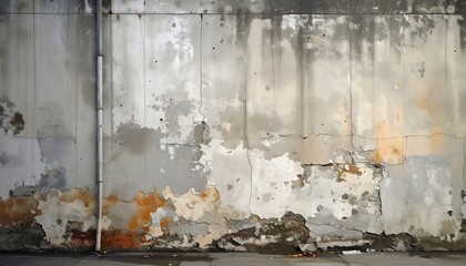 Weathered concrete wall with peeling paint and staining, depicting decay, with a drainpipe along the left side