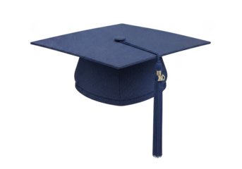A single dark blue academic graduation cap with a tassel rests elegantly isolated on transparent background