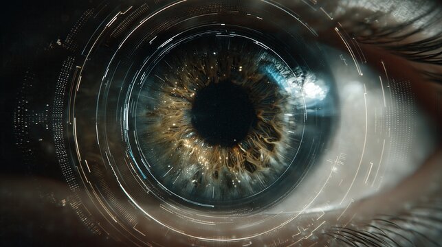 Close up human eye with biometric hud technology