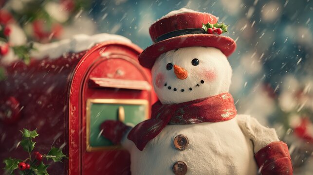 illustration of a snowman which is a postman who brought Christmas mail from North pole to a vintage glossy red mailbox
