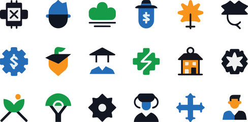 Set of twenty colorful abstract icons representing themes like education, technology, nature, and finance. Ideal for infographics, UI design, and creative visuals