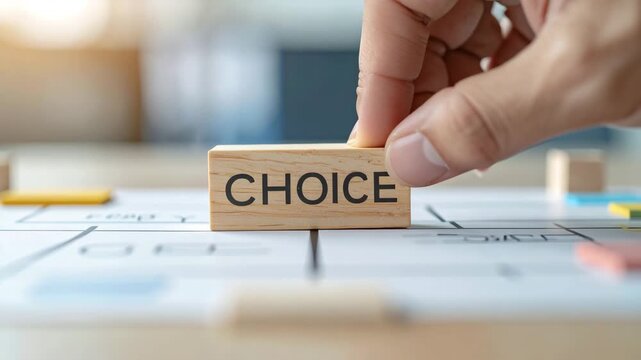 Close-up of a hand placing a wooden block with the word 'CHOICE' onto a decision-making flowchart or diagram.