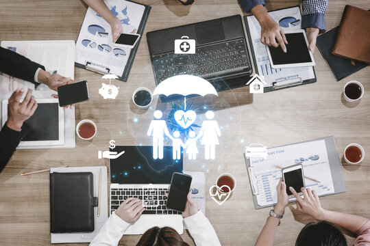 Concept of comprehensive insurance coverage and financial planning. A policy that provides life, health, and asset protection for a family's security and risk management. Fermion