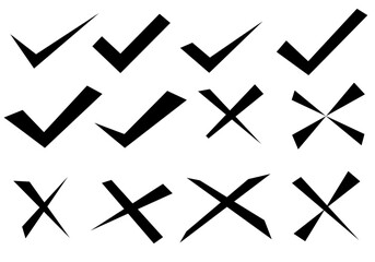 Set of bold check marks and cross symbols in sharp black silhouettes. Clean, modern, and high-contrast icons suitable for confirmation, validation, error marking, UI elements, and graphic decoration.