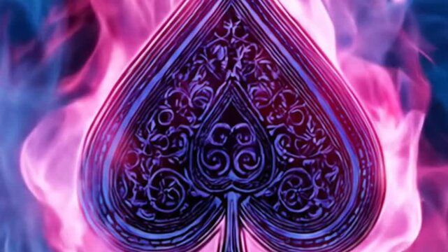 Decorated spade surrounded by pink and purple smoke