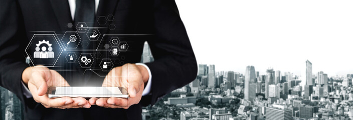 Business management system showing teamwork, productivity, and planning. Management supports goal, management tracks progress, management improves teamwork, and enhances productivity. Vouch