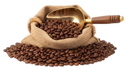 Burlap Sack of Roasted Coffee Beans with Golden Scoop