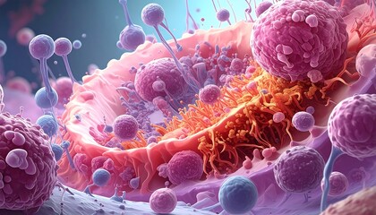 Microscopic view of cancerous cells, showcasing irregular shapes and vibrant colors, highlighting the complex cellular structures