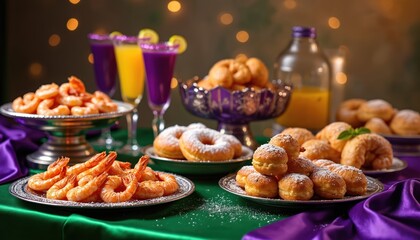 Festive Mardi Gras banquet with shrimp cocktails beignets and other treats. Delicious food and drinks on the table. Party celebration event in New Orleans.