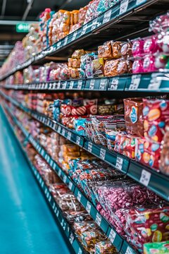 A vibrant candy aisle filled with an array of colorful sweets, showcasing packaged candies while inviting consumers to indulge in delightful treats and nostalgic childhood memories.