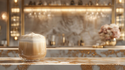 Elegant Cappuccino in a Glass on Marble and Gold Countertop in Luxurious Caf&eacute; Interior