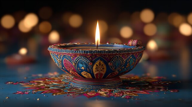 Intricate diwali diya with a bright flame illuminates a festive scene with bokeh lights in the background for a cultural celebration - Powered by Adobe