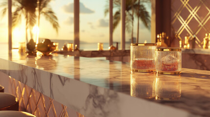 Elegant Sunset Bar Scene with Whiskey Glasses on Marble Countertop