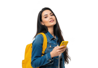 Young woman with long dark hair wearing denim jacket and yellow backpack holds smartphone isolated on transparent background