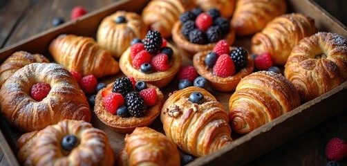 Assortment of fresh pastries arranged in wooden tray. Delicious croissants danishes and muffins decorated with berries. Sweet breakfast dessert meal perfect for food blogs or cafe menus.