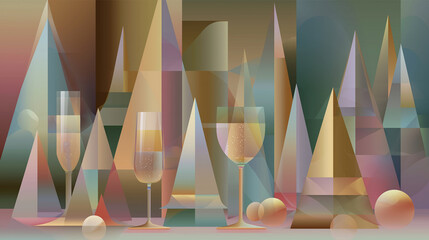 Abstract Geometric Holiday Scene with Champagne Glasses and Stylized Christmas Trees