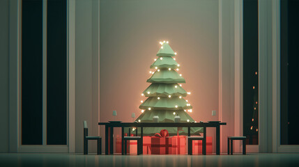 Minimalist Christmas Tree with Gifts and Dining Table in Modern Interior