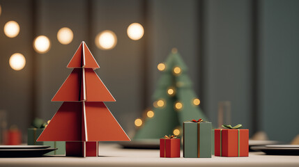 Minimalist Christmas Table Decor with Geometric Tree and Wrapped Gifts