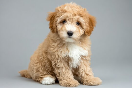 Fluffy Mini Goldendoodle Puppy Sitting Adorably in Studio with Curly Cream Coat