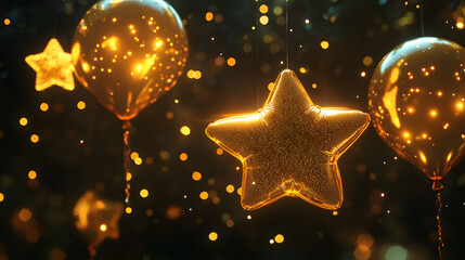 Golden balloons and starshaped decorations sparkle against a dark background, creating a festive and celebratory atmosphere with bokeh lights