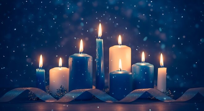 Photo of softly falling snow surrounds a collection of glowing blue and white candles, creating a serene and magical winter atmosphere