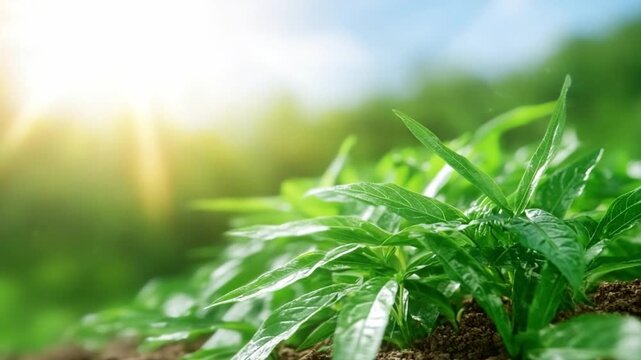 Sunshine on a Young Plant: The vibrant green leaves of a fledgling plant bask in the warm embrace of the sun, symbolizing growth, renewal, and the beauty of nature's life cycle.