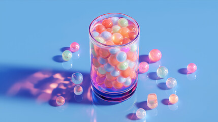 Vibrant Glass of Colorful Glossy Orbs on Blue Background