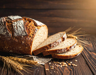 Freshly baked whole grain bread sliced on a rustic wooden table with ears of wheat in natural lighting