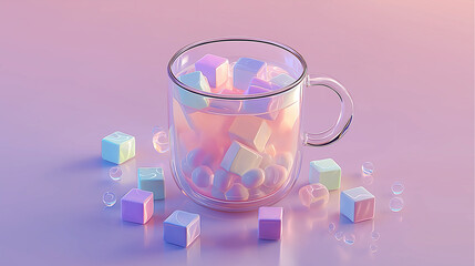 Pastel Cubes and Glossy Orbs in Transparent Mug on Soft Gradient Background