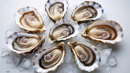 Fresh raw oysters on ice, on a white background, a seafood delicacy, gourmet food

