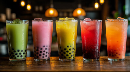 Colorful Assortment of Bubble Tea Drinks with Tapioca Pearls in Tall Glasses