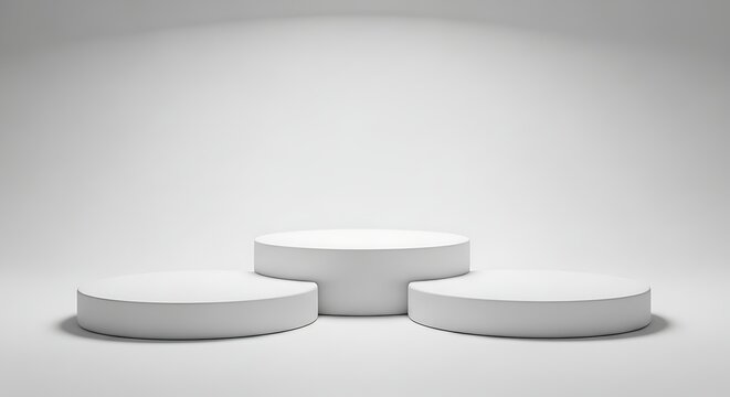 Three white cylindrical pedestals arranged on a white surface, illuminated by soft overhead lighting