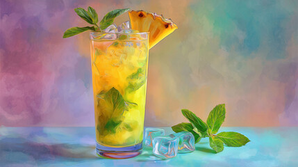 Vibrant Pineapple Mint Cocktail Illustration with Ice and Colorful Background