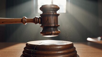 Judge’s gavel strikes sound block with dust and light beam, symbol of justice - Powered by Adobe