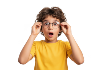 Young boy with curly hair and glasses expresses surprise and shock with an open mouth isolated on transparent background
