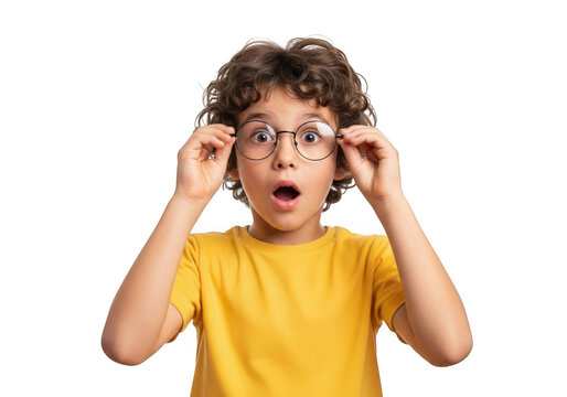 Young boy with curly hair and glasses expresses surprise and shock with an open mouth isolated on transparent background