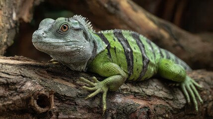 Fototapeta premium Brachylophus Fasciatus: The Vibrant Lau Banded Iguana of Poland's Lodz Zoo