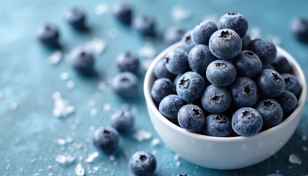 Frozen blueberries in white ceramic bowl on blue background. Frozen blueberry fruits scattered around bowl. Frosty blueberries piled high in bowl. Blueberries ripe, ready to eat. Frozen berries