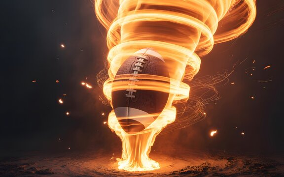 American football engulfed in a fiery tornado, symbolizing intense passion and power on field
