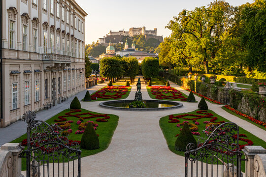 Baroque Garden with Fountain and Castle View at Sunset
